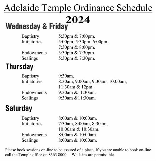 Adelaide Temple Schedule 2024